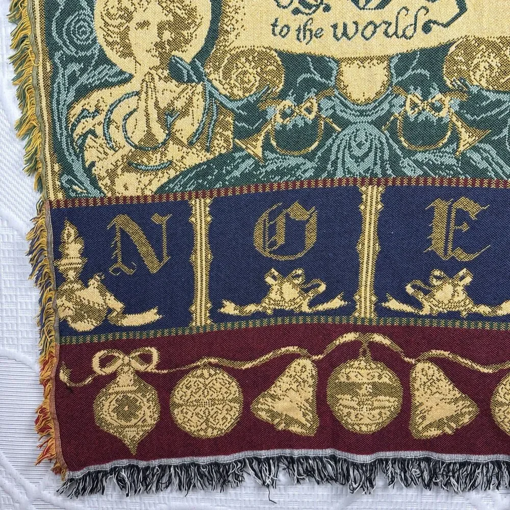 Vtg Christmas Tapestry Throw Blanket 44X55 Afghan Knit Noel Joy World Holiday